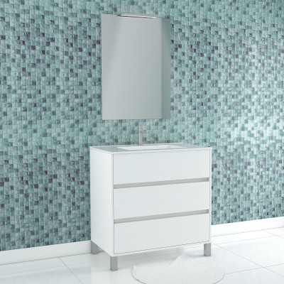 Pack Meuble Salle de Bains 80cm Blanc 3 Tiroirs, Vasque, Miroir 60x80 et réglette Led - XENOS