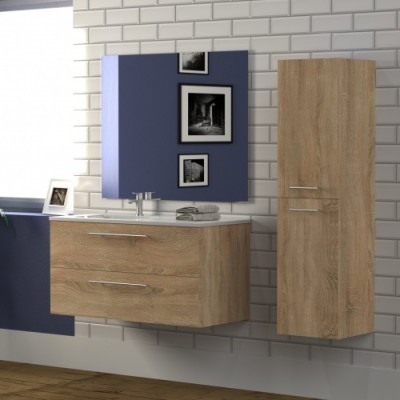 Meuble NEPTUNE Bois Clair 100cm - Vasque à Gauche - Miroir Slim