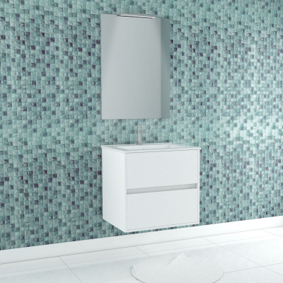 Pack Meuble Salle de Bains 60cm Blanc 2 Tiroirs, Vasque, Miroir 60x80 et réglette Led - XENOS