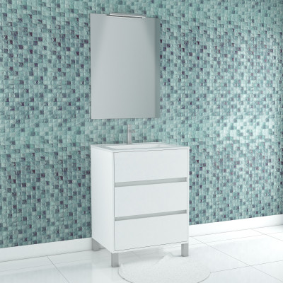 Pack Meuble Salle de Bains 60cm Blanc 3 Tiroirs, Vasque, Miroir 60x80 et réglette Led - XENOS
