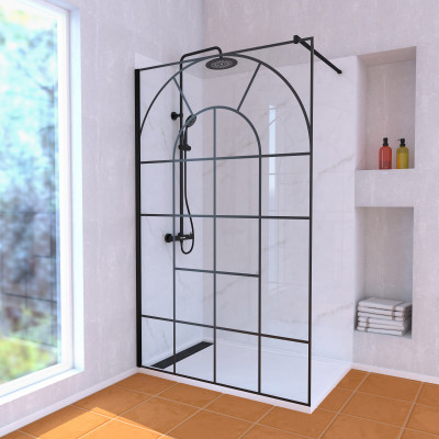 Paroi de Douche 120x195 Motif Verrière + Receveur 80x120 + Colonne de Douche Noire Thermostatique