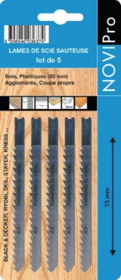 Lame de scie sauteuse universelle rapide pour bois longueur 75 mm carte de 5 pièces NOVIPRO