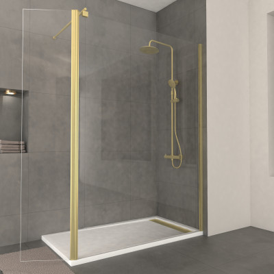 Paroi de Douche et Volet Pivotant 140+40x200 cm + Barre extensible - Or Brossé - FREEDOM 2 GOLD