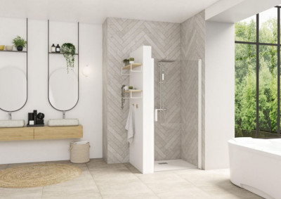 Paroi de douche Smart Design porte pivotante sans seuil profilé blanc verre transparent 90 cm KINEDO DOUCHE