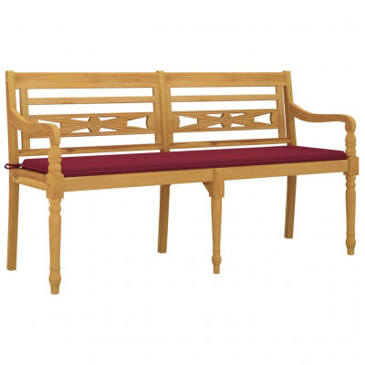 Banc de jardin meuble de patio d'extérieur terrasse avec coussin rouge bordeaux 150cm bois teck massif 02_0011092