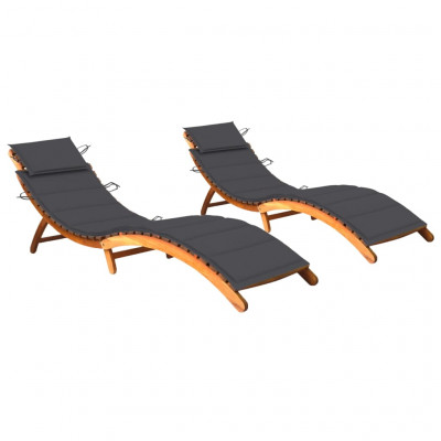 Lot de 2 transats chaise longue bain de soleil lit de jardin terrasse meuble d'extérieur avec coussins bois d'acacia solide 02_0012043