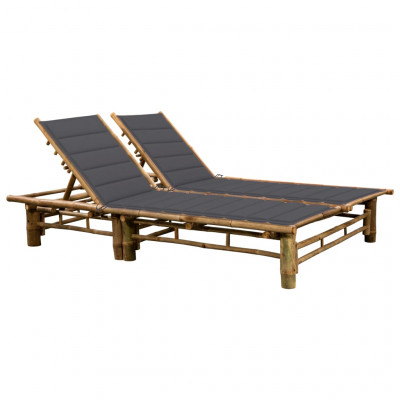 Transat chaise longue bain de soleil lit de jardin terrasse meuble d'extérieur pour 2 personnes avec coussins bambou 02_0012906