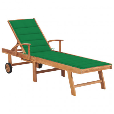 Transat chaise longue bain de soleil lit de jardin terrasse meuble d'extérieur avec coussin vert bois de teck solide 02_0012540
