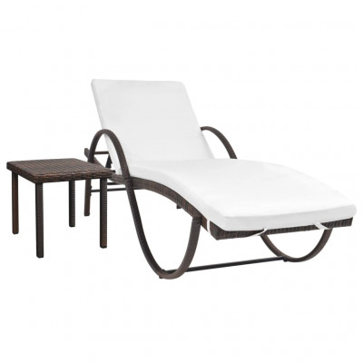 Transat chaise longue bain de soleil lit de jardin terrasse meuble d'extérieur avec coussin et table résine tressée marron 02_0012452