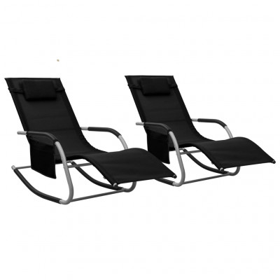 Lot de 2 transats chaise longue bain de soleil lit de jardin terrasse meuble d'extérieur textilène noir et gris 02_0012150