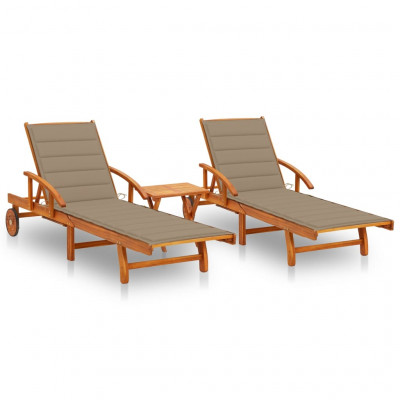 Lot de 2 transats chaise longue bain de soleil lit de jardin terrasse meuble d'extérieur avec table et coussins acacia solide 02_0012112