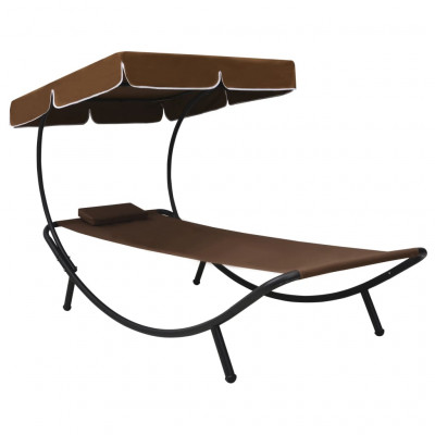 Lit de repos transat chaise longue d'extérieur 200 cm avec auvent et oreiller marron 02_0012007