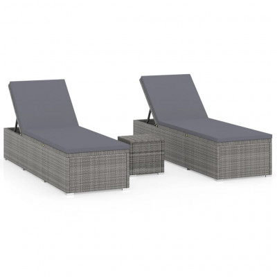 Chaises longues transat de jardin table à thé 3 pièces résine tressée gris 02_0011920