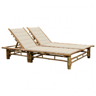 Transat chaise longue bain de soleil lit de jardin terrasse meuble d'extérieur pour 2 personnes 200 cm avec coussins bambou 02_0012907