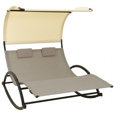 Transat chaise longue bain de soleil lit de jardin terrasse meuble d'extérieur double 139 x 180 x 170 cm avec auvent textilène taupe et crème 02_0012725