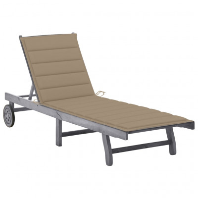 Transat chaise longue bain de soleil lit de jardin terrasse meuble d'extérieur 200 cm avec coussin gris bois d'acacia solide 02_0012483