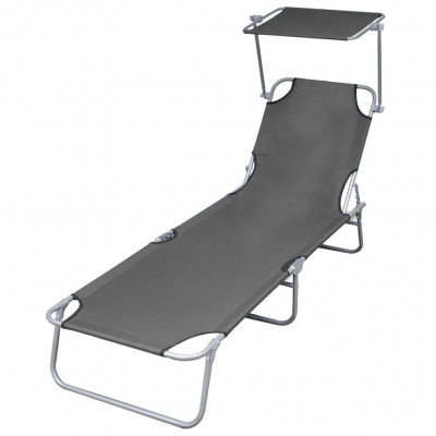 Transat chaise longue bain de soleil lit de jardin terrasse meuble d'extérieur pliable avec auvent acier gris 02_0012810