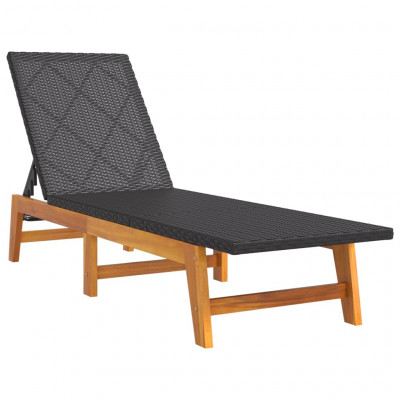 Transat chaise longue bain de soleil lit de jardin terrasse meuble d'extérieur noir/marron résine tressée/bois massif d'acacia 02_0012784