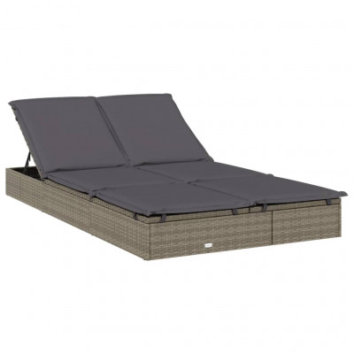 Transat chaise longue bain de soleil lit de jardin terrasse meuble d'extérieur à 2 places avec coussins gris résine tressée 02_0012944