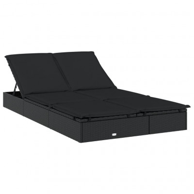 Transat chaise longue bain de soleil lit de jardin terrasse meuble d'extérieur à 2 places avec coussins noir résine tressée 02_0012946