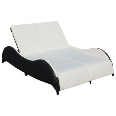 Transat chaise longue bain de soleil lit de jardin terrasse meuble d'extérieur double avec coussin vague résine tressée noir 02_0012729