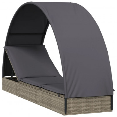 Transat chaise longue bain de soleil lit de jardin terrasse meuble d'extérieur avec toit rond 211 x 57 x 140 cm résine tressée gris 02_0012694