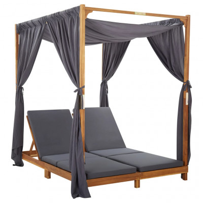 Transat chaise longue bain de soleil lit de jardin terrasse meuble d'extérieur double avec rideaux et coussins bois d'acacia 02_0012738