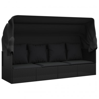 Lit de salon d'extérieur toit et coussins 203 x 58 x 56 cm résine tressée noir 02_0012023