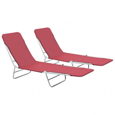 Lot de deux chaises longues pliables acier et tissu rouge 02_0011938
