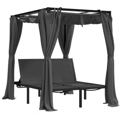 Transat chaise longue bain de soleil lit de jardin terrasse meuble d'extérieur double avec rideaux latéraux et supérieurs 02_0012740