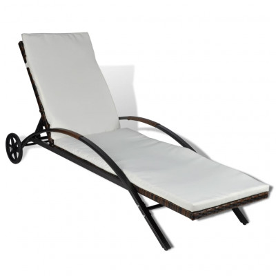 Transat chaise longue bain de soleil lit de jardin terrasse meuble d'extérieur avec coussin et roues résine tressée marron 02_0012446