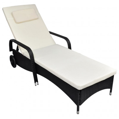 Transat chaise longue bain de soleil lit de jardin terrasse meuble d'extérieur avec coussin et roues résine tressée noir 02_0012450