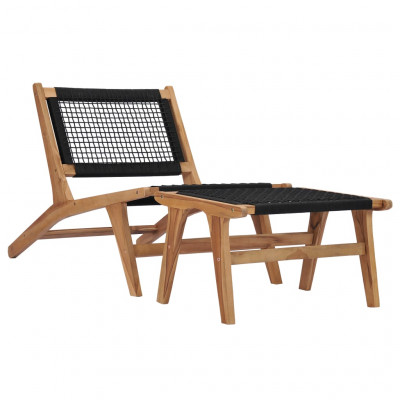 Transat chaise longue bain de soleil lit de jardin terrasse meuble d'extérieur avec repose-pied bois de teck solide et corde 02_0012571