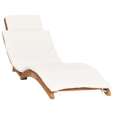 Transat chaise longue bain de soleil lit de jardin terrasse meuble d'extérieur pliable avec coussin blanc crème bois de teck 02_0012835