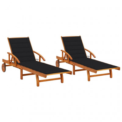 Lot de 2 transats chaise longue bain de soleil lit de jardin terrasse meuble d'extérieur avec coussins bois d'acacia solide 02_0012046