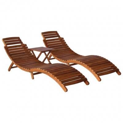 Transat chaise longue bain de soleil lit de jardin terrasse meuble d'extérieur avec table à thé 3 pcs bois d'acacia massif 02_0012693