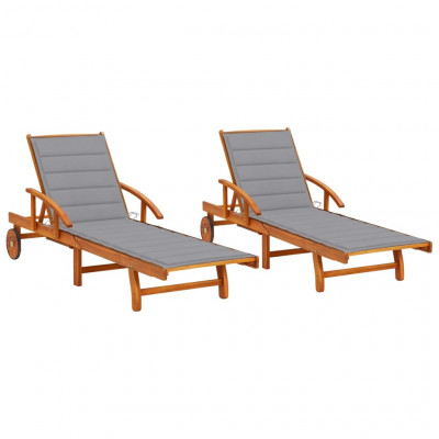 Lot de 2 transats chaise longue bain de soleil lit de jardin terrasse meuble d'extérieur avec coussins bois d'acacia solide 02_0012053