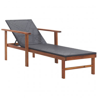 Transat chaise longue bain de soleil lit de jardin terrasse meuble d'extérieur résine tressée et bois d'acacia massif noir 02_0012920