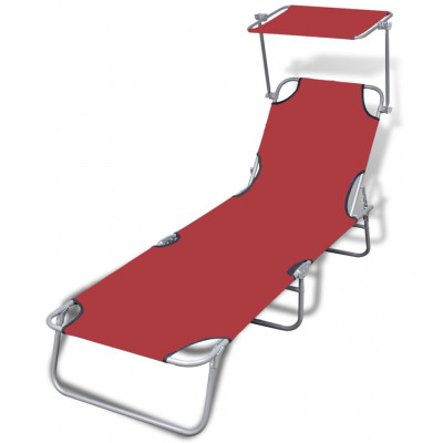 Transat chaise longue bain de soleil lit de jardin terrasse meuble d'extérieur pliable avec auvent acier et tissu rouge 02_0012809