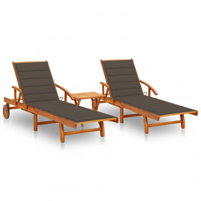 Lot de 2 transats chaise longue bain de soleil lit de jardin terrasse meuble d'extérieur avec table et coussins acacia solide 02_0012120