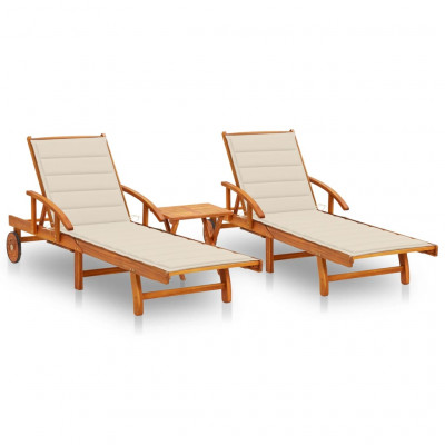 Lot de 2 transats chaise longue bain de soleil lit de jardin terrasse meuble d'extérieur avec table et coussins acacia solide 02_0012119
