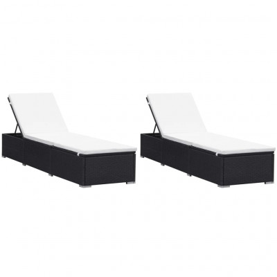 Lot de 2 transats chaise longue bain de soleil lit de jardin terrasse meuble d'extérieur avec coussins résine tressée noir 02_0012157