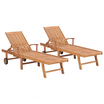 Lot de 2 transats chaise longue bain de soleil lit de jardin terrasse meuble d'extérieur bois de teck solide 02_0012143