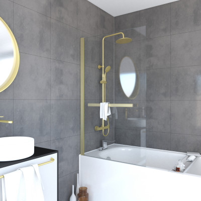 Pare-Baignoire Pivotant avec Porte-Serviette 85x150cm - Or Doré Brossé - Verre 6mm - TSHAPE GOLDY