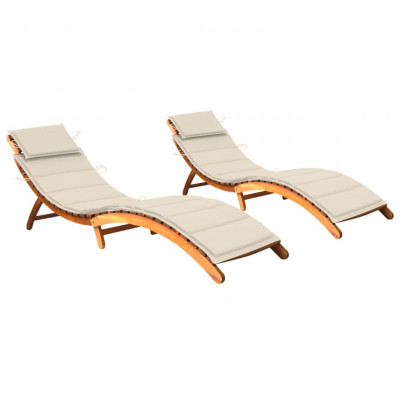 Lot de 2 transats chaise longue bain de soleil lit de jardin terrasse meuble d'extérieur avec coussins bois d'acacia solide 02_0012044