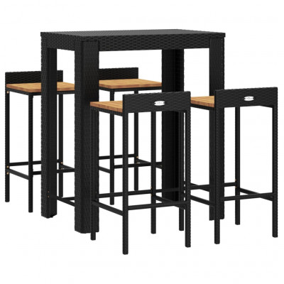 Ensemble de bar de jardin meuble extérieur terrasse 5 pièces noir poly rotin/bois massif acacia 02_0013485