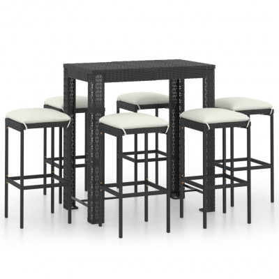 Ensemble de bar de jardin 7 pièces et coussins résine tressée noir 02_0013433