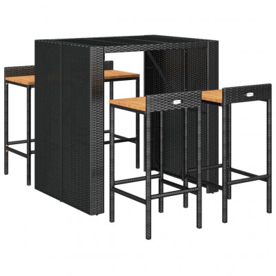 Ensemble de bar de jardin meuble extérieur terrasse 5 pièces noir poly rotin/bois massif acacia 02_0013484