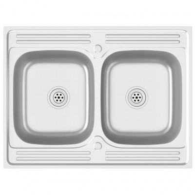 Évier de cuisine à double lavabo 800x600x155 mm inox argenté 02_0002430