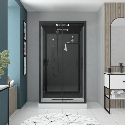 Cabine de douche hydromassante 115x90x220 cm - Porte coulissante - Fonds & Profilés Noir Mat